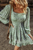 Green Floral Tiered Ruffled Mini Dress