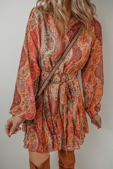 Orange Boho Paisley Mini Dress