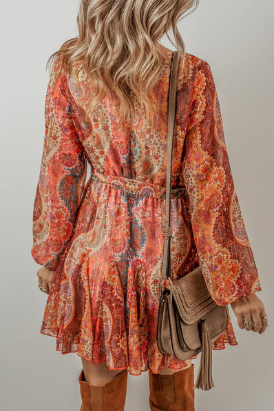 Orange Boho Paisley Mini Dress