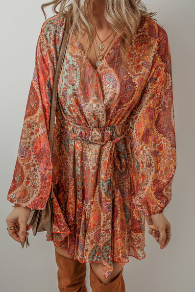 Orange Boho Paisley Mini Dress