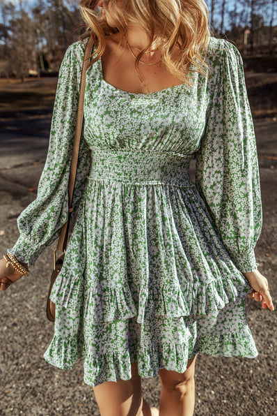 Green Floral Tiered Ruffled Mini Dress