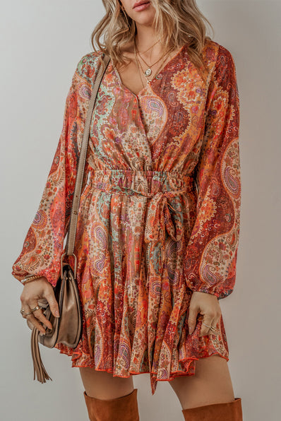 Orange Boho Paisley Mini Dress