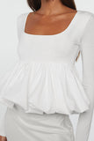White U Neck Bubble Hem Blouse