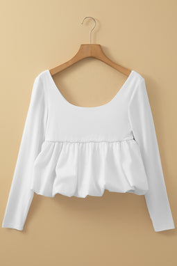 White U Neck Bubble Hem Blouse