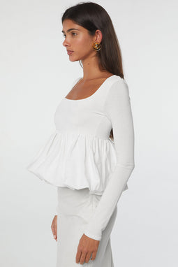 White U Neck Bubble Hem Blouse
