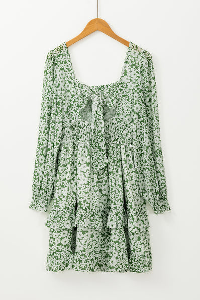 Green Floral Tiered Ruffled Mini Dress