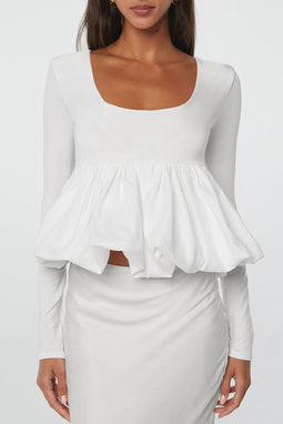 White U Neck Bubble Hem Blouse