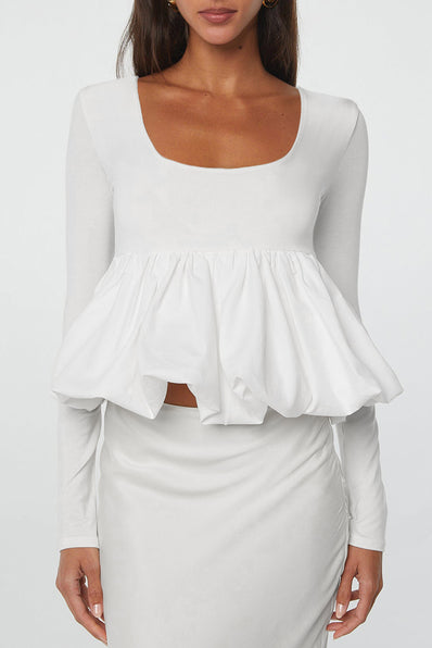 White U Neck Bubble Hem Blouse