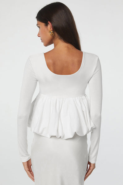 White U Neck Bubble Hem Blouse