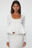 White U Neck Bubble Hem Blouse
