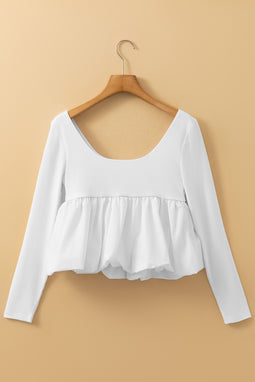 White U Neck Bubble Hem Blouse
