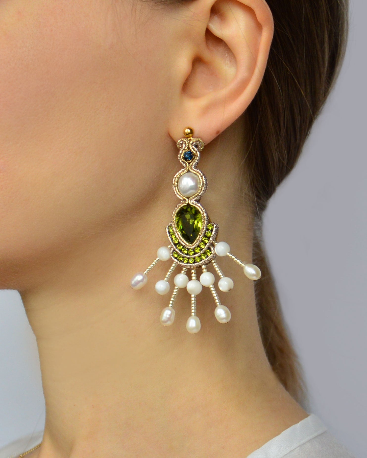 Green Swarovski & Pearls Chandelier Earrings